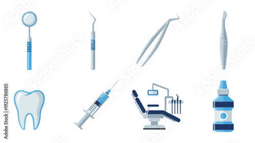 Dental tools and equipment set featuring icons of instruments and chair