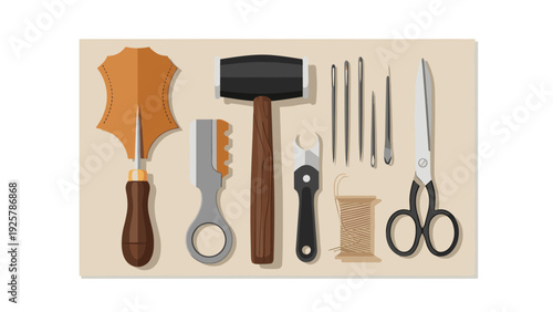 Essential tools for leather crafting: hammer, cutter, stitching needles, and scissors