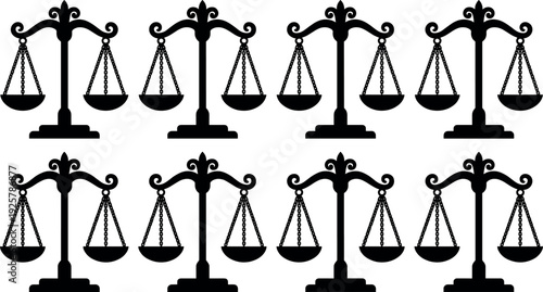 Collection of black scales of justice silhouettes isolated on white background for legal law firm court and judicial system design graphic elements
