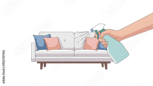 Cleaning a modern sofa with spray bottle: home hygiene concept
