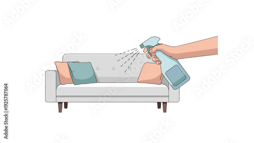 Hand spraying cleaner on sofa with decorative pillows in modern living room scene