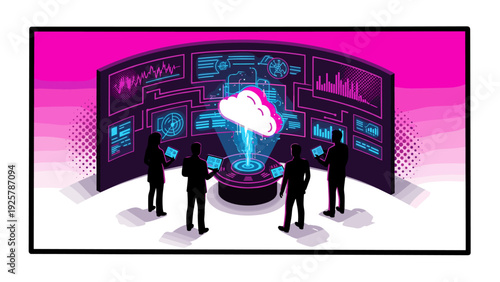 Futuristic technology team analyzing data with holographic cloud interface