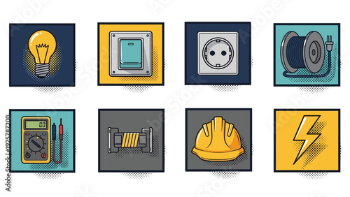 Electrical tools and equipment icons in modern pop art style