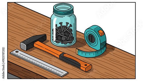 Collection of essential tools on wooden surface for carpentry and diy projects