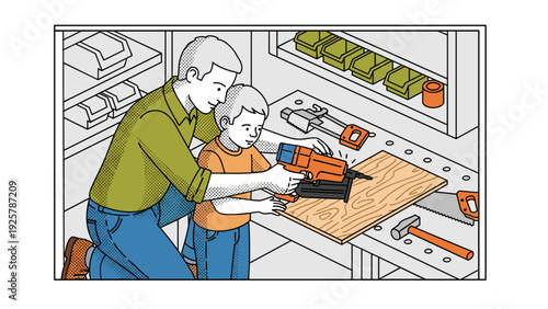 Father teaching son carpentry skills in workshop line art