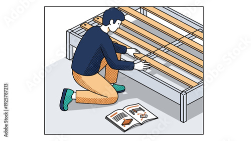 Isometric guide to assembling a wooden bed frame with a modern design