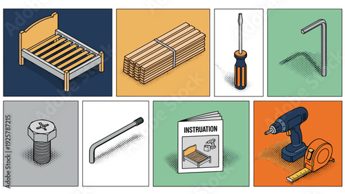 Assembly tools and instructions in isometric design: essential diy elements for furniture building