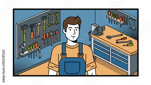 Workshop scene with tools and worker in overalls
