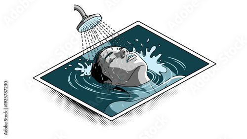 Immersive surreal art: person in a shower scene with water splash