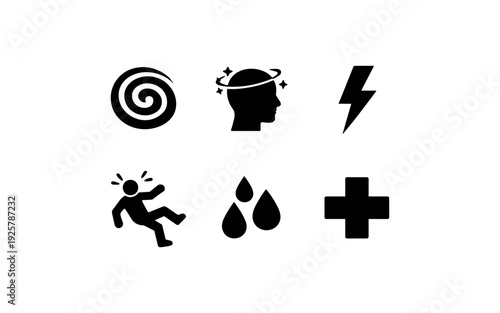 Collection of black icons representing health conditions and medical symbols on white background