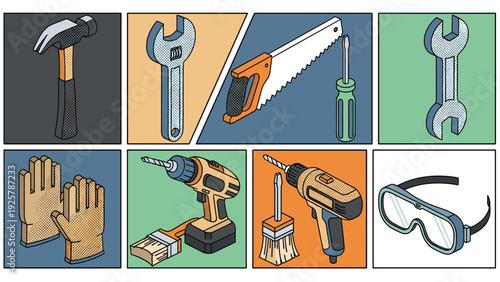 Vintage style tool collection with hand tools, power tools, and safety gear