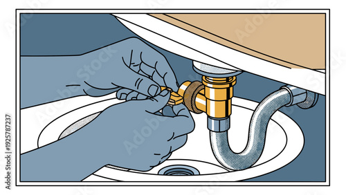 Retro graphic of hands fixing plumbing under sink