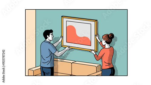 Couple hanging artwork in living room with modern pop art style