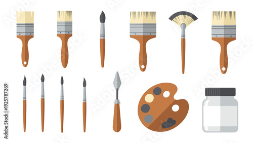 Collection of painting tools and brushes set with palette and jars, flat style