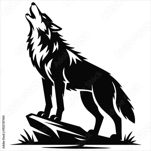 Howling Wolf with Moon in the Background Vector Illustration