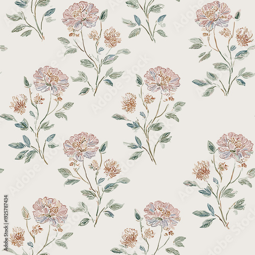 Romantic Rococo Floral Seamless Pattern with Delicate Vintage Flowers and Botanical Branches. Elegant seamless vector pattern featuring delicate hand-drawn flowers and soft botanical branches in a rom