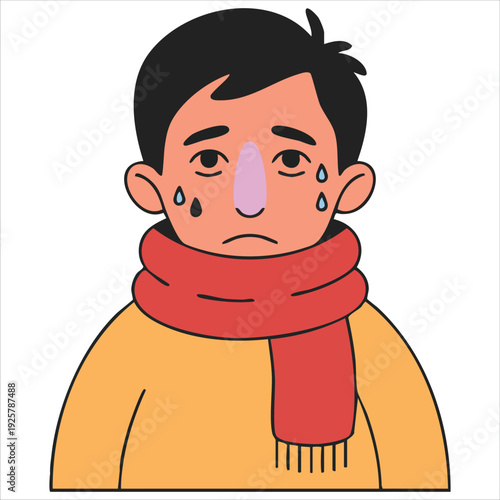 Man with High Fever and Illness Symptoms Vector Illustration