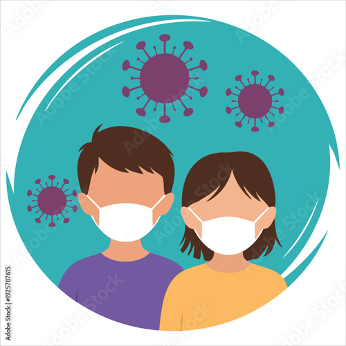 Young Boy and Girl with Protective Mask Prevention Spread virus Vector Illustration