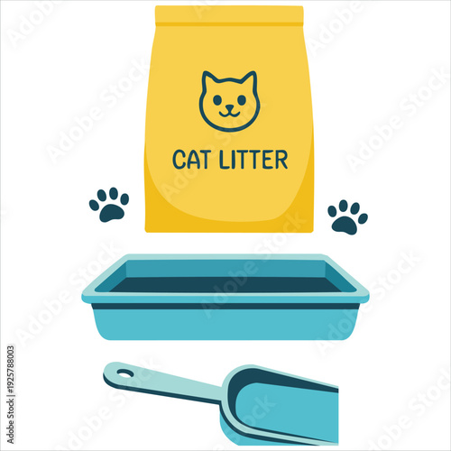 Pet Cleaning Supplies for Feline Litter Box Isolated Vector Illustration on White Background