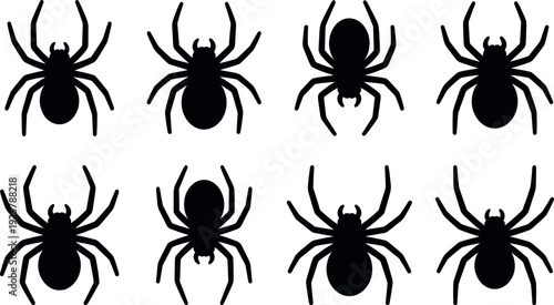 Collection of black spider silhouettes in various top view positions and creepy crawling poses isolated on white background for Halloween spooky design concepts.