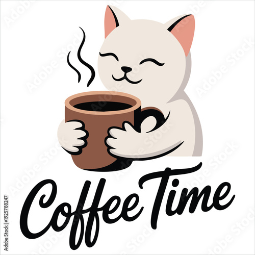 Adorable Feline Enjoying a Hot Beverage for Cafe Graphics Isolated Vector Illustration on White Background