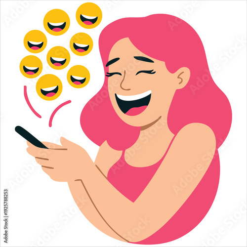 Laughing Girl with a Phone Young Character Laughing to Tears While Reading a Message Using a Mobile Device
