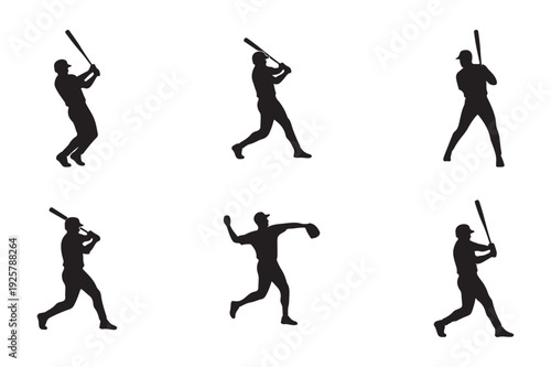 Set of baseball player silhouettes in various action poses such as batting, pitching and hitting. Sport activity vector illustration
