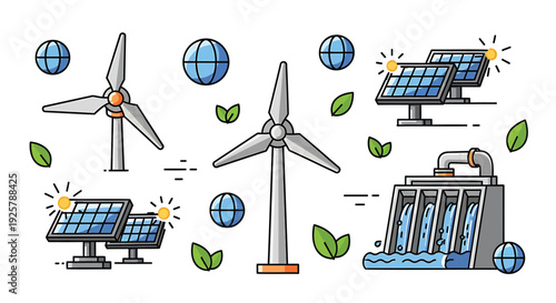 Renewable energy icon collection. Includes wind turbines, solar panels, eco-friendly symbols. Created in line style with blue and green palette.