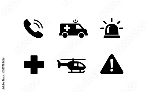 Collection of emergency service icons including ambulance, helicopter, and medical cross