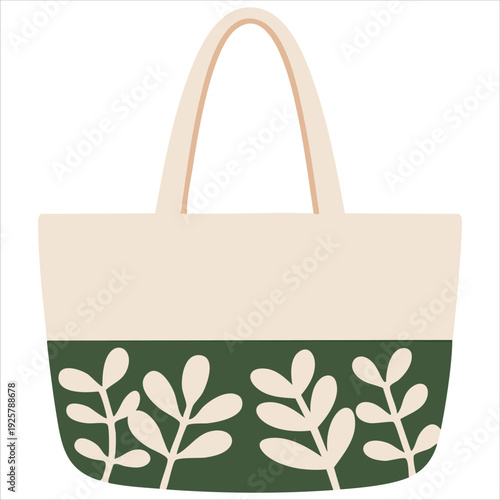 Sustainable eco friendly fabric grocery bag with leaf pattern and handles for reusable shopping and plastic free lifestyle