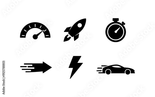 Collection of speed and performance icons including a speedometer, rocket, stopwatch, arrow, lightning bolt, and car