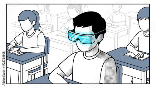 Futuristic classroom with students using augmented reality glasses in comic style