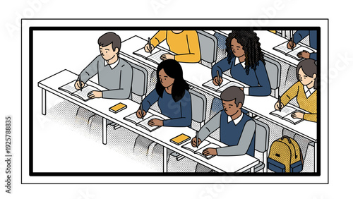 Diverse classroom of students concentrating on study at desks