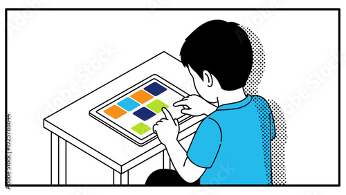 Child engaged in digital learning with tablet in comic style illustration