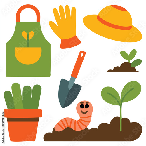 Gardening set with planting clothes sprout worm in ground and shovel for garden maintenance blogs and product packaging
