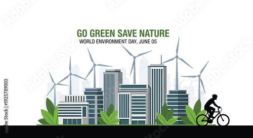 Eco-friendly cityscape vector illustration with wind turbines and cyclist