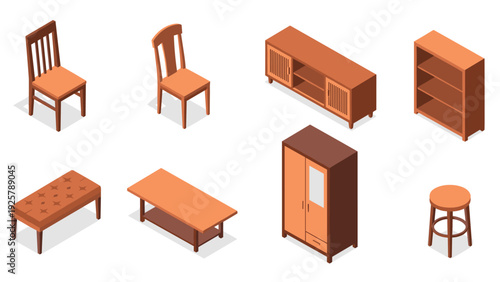 Modern isometric wooden furniture set for interior design projects