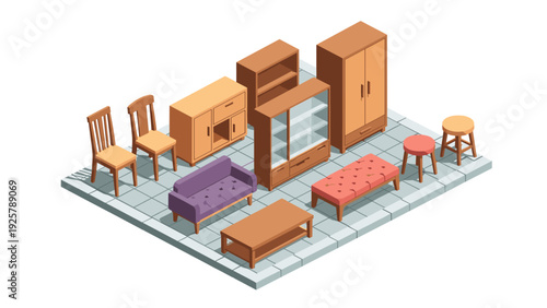 Cozy isometric furniture set with sofa, chairs, and table