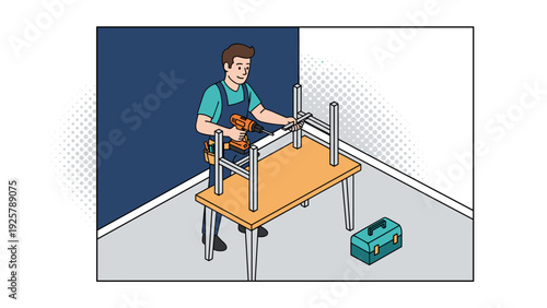 Man assembling furniture with drill in modern interior setting