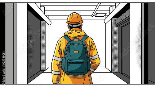 Construction worker with backpack in urban setting highlighting safety gear