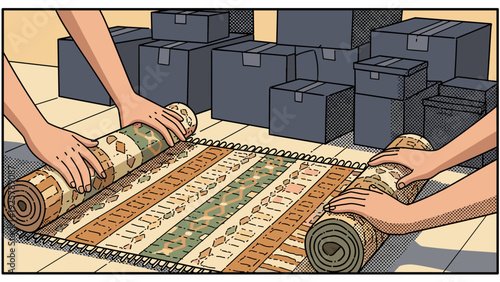 Unrolling carpets in a pop art style warehouse with geometric patterns