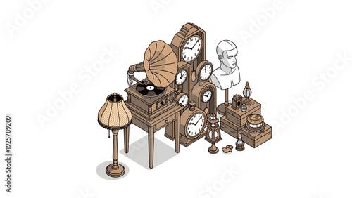 Vintage steampunk setup with gramophone and antique clocks in isometric style