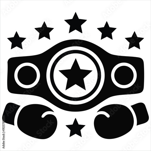 Black and white icon of boxing belt and gloves for combat sports and athletic competition vector designs