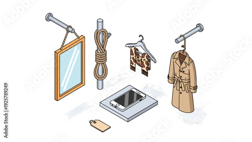 Isometric display of fashion and accessories: mirror, apparel, smartphone, and more