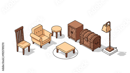 Isometric wooden furniture collection with chair, armchair, lampshade, and chest