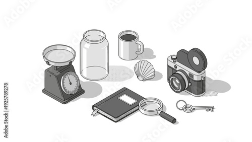 Retro objects in isometric style with vintage camera and kitchen scales