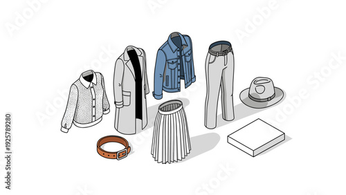 Isometric fashion collection: stylish clothing and accessories lineup on white background