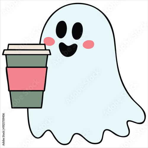 Cute cartoon ghost character holding cup of coffee for Halloween and friendly spirit illustration concepts