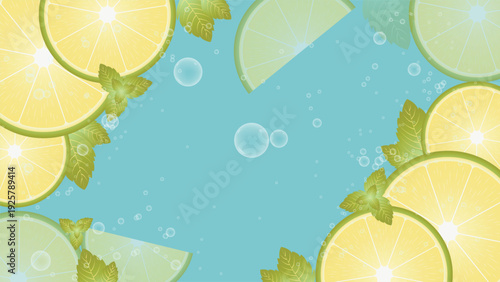 Fresh Lemon and Mint Leaves Citrus Summer Background with Bubbles