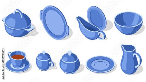 Isometric blue ceramic kitchenware set: plates, bowls, cups, and more